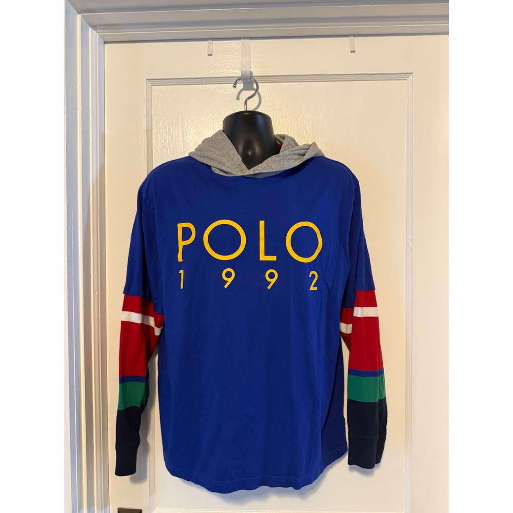 Polo Ralph Lauren 1992 Hooded Tee Mens L Blue Stadium Colorblock Good Graphic